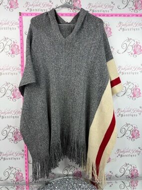 Poncho shawl sweater Gray Fringe Poncho Sweater with Cream & Red Accent -